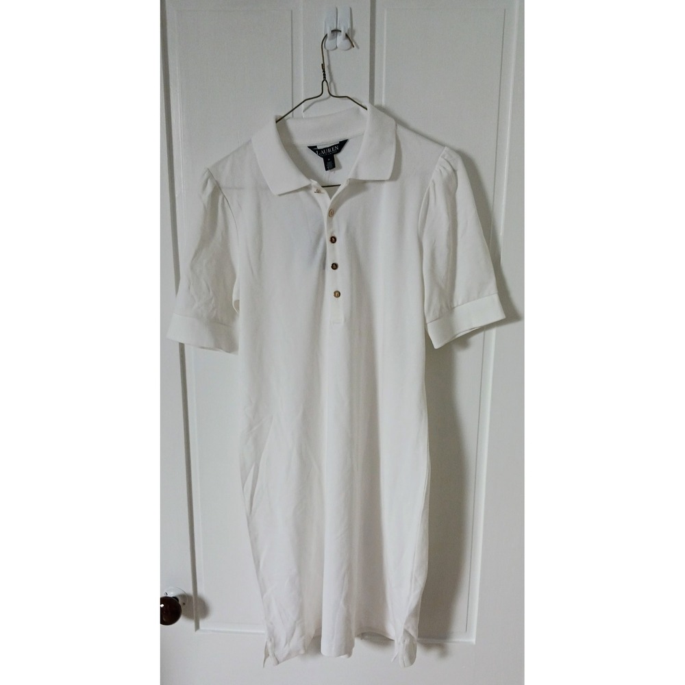 Ralph Lauren White Cotton Short Sleeve Gold Button Knee Length Dress